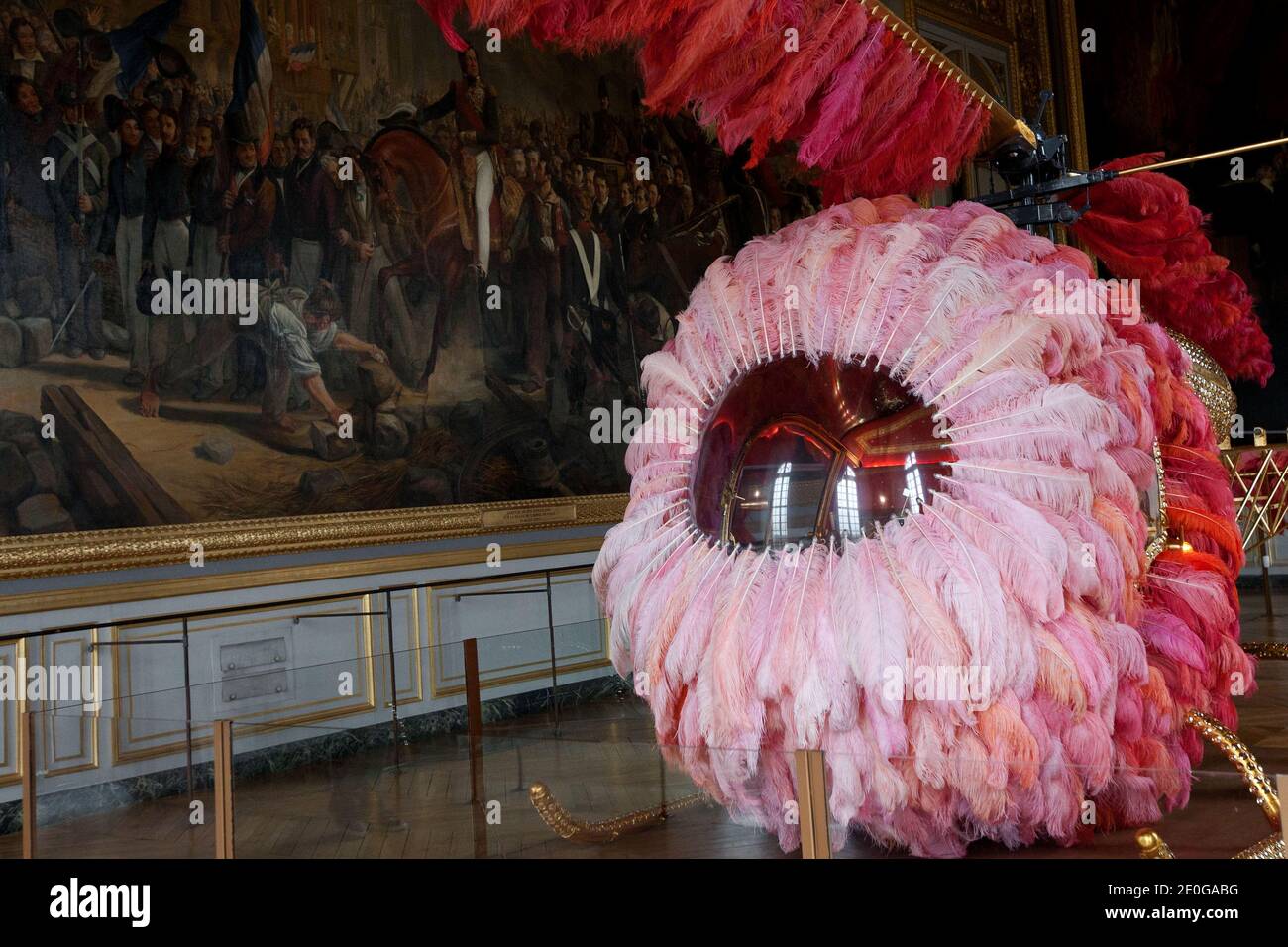 A picture taken on June 18, 2012 shows the work made with a Bell 47 helicopter, ostrich feathers and Swarovski crystals, 'Lilicoptere', by Portuguese contemporary art painter Joana Vasconcelos, at the Palace of Versailles, during a press visit of the exhibition 'Joana Vasconcelos Versailles', running from June 19 to September 30, 2012. Vasconcelos will be the first woman and the youngest artist to show her work in the setting of Versailles. Photo by Stephane Lemouton/ABACAPRESS.COM. Stock Photo