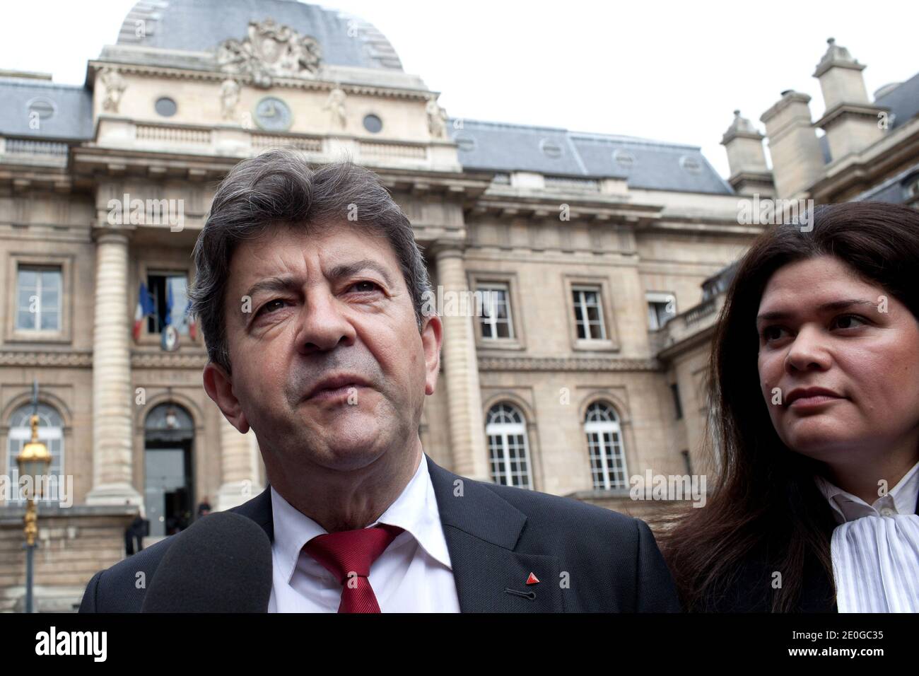 Parti de Gauche (FG) leader, Jean-Luc Melenchon flanked by lawyer, Raquel  Garrido answers to journalists at Paris Courthouse after a meeting with an  examining magistrate within the framework of the action started