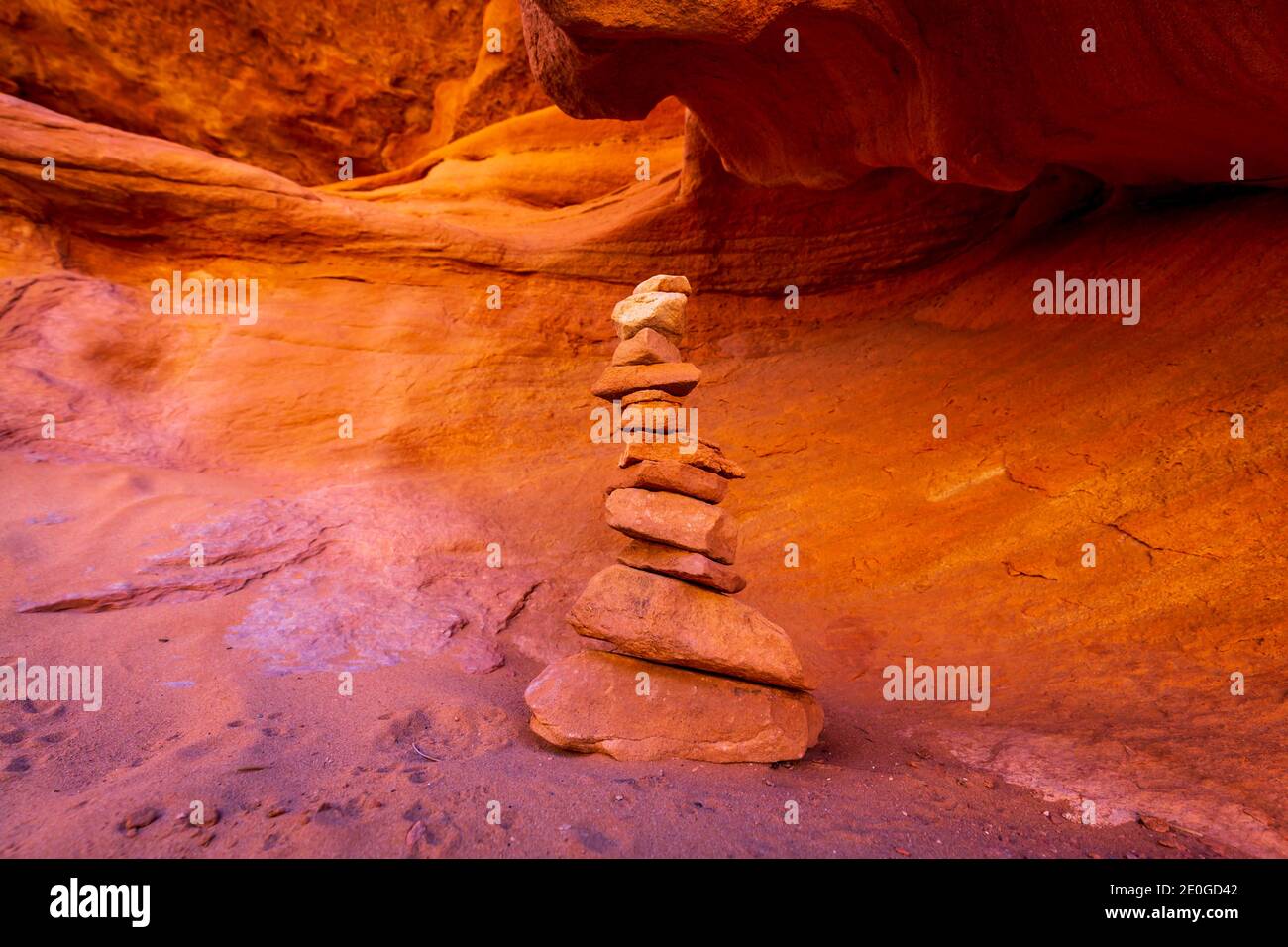 Red rock cairn in Devil's Garden, Arches National Park, Utah Stock Photo