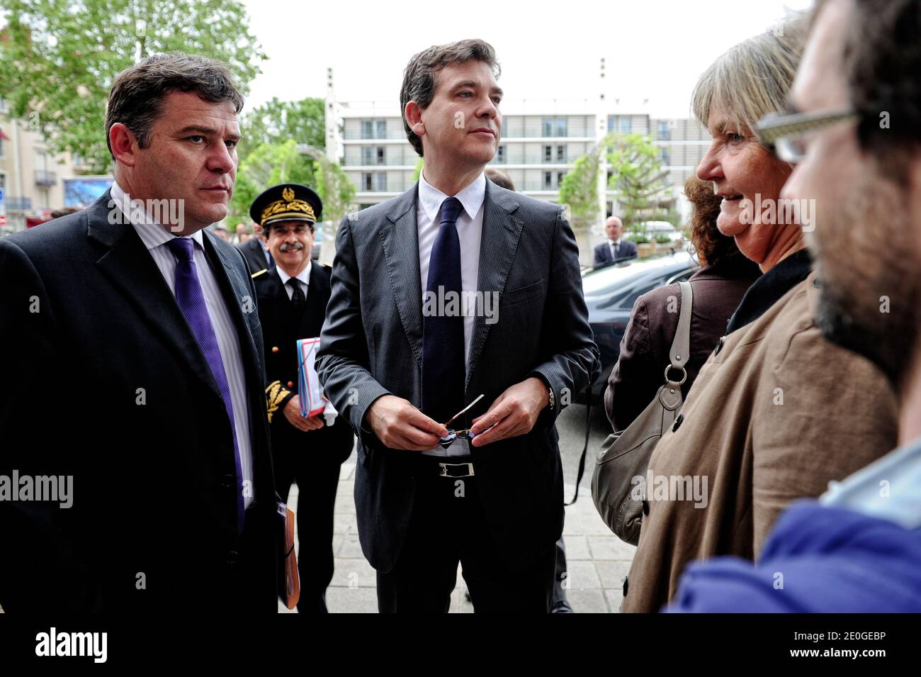 French Industrial Recovery Minister Arnaud Montebourg arrives to a press conference concerning Amazon.com Inc. in Chalon-sur-Saone, in central France on June 25, 2012. Internet retailer Amazon.com Inc. (AMZN) has decided to open a logistics hub with about 1,000 employees in Chalon-sur-Saone in central France. Photo by Arnaud Finistre/ABACAPRESS.COM Stock Photo