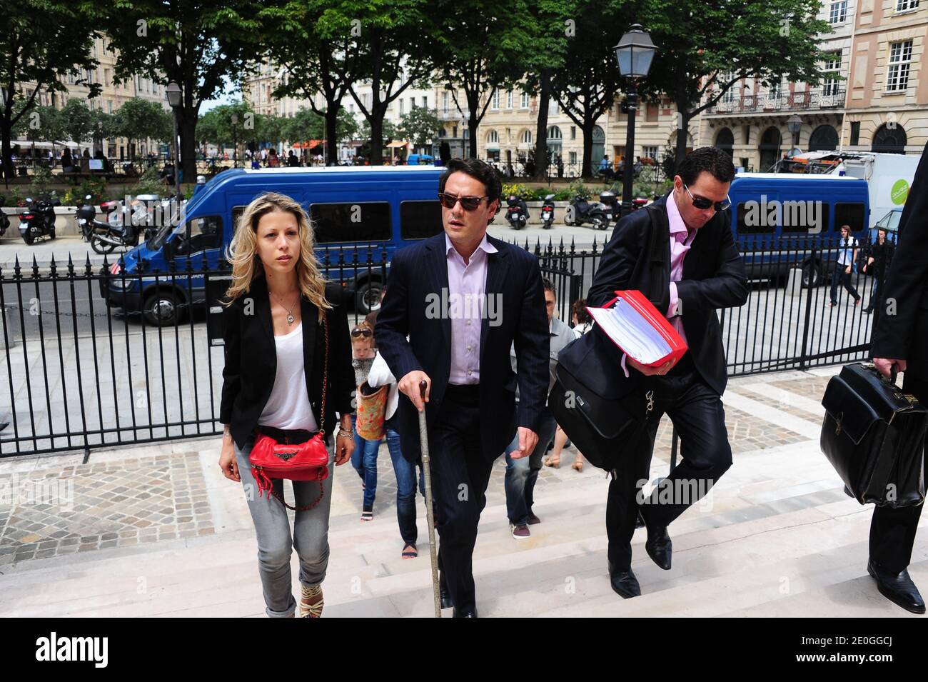 Exclusive. Tristane Banon, lawyer David Koubbi and his client Former Societe Generale trader Jerome Kerviel are pictured outside the court as they arrive at the trial to appeal his three-year jail term in Paris, France on June 28, 2012. Photo by Mousse/ABACAPRESS.COM Stock Photo