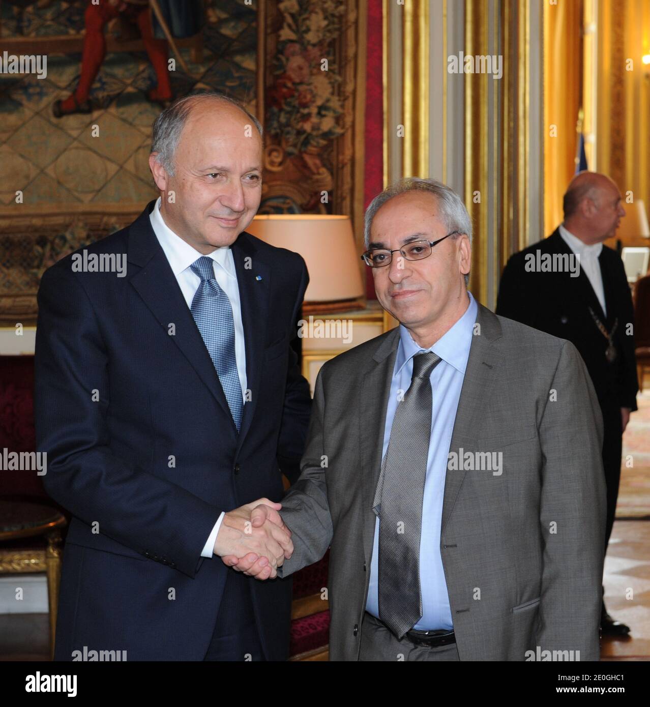 French Foreing Affairs Minister Laurent Fabius (left) receives new president of Syrian National Council Abdel Basset Sayda at the Ministry's headquarters, at Quai d'Orsay, in Paris, France on June 29, 2012. Photo by Ammar Abd Rabbo/ABACAPRESS.COM Stock Photo
