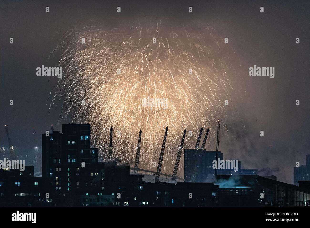 New Year's Eve: Spectacular fireworks over O2 Arena in east London, UK. Stock Photo