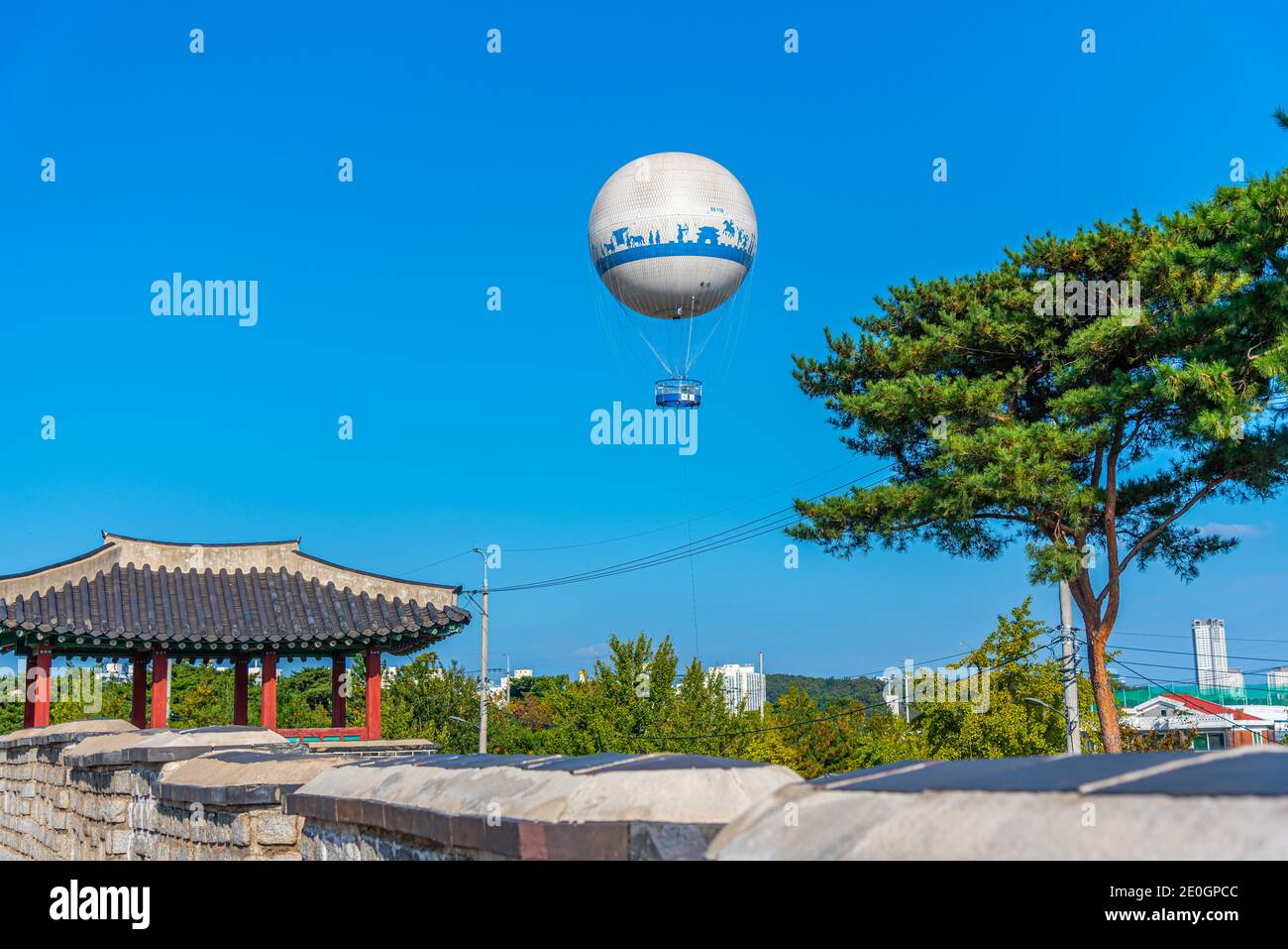 Hot air baloon over Hwaseong fortress in Suwon, Republic of Korea Stock ...