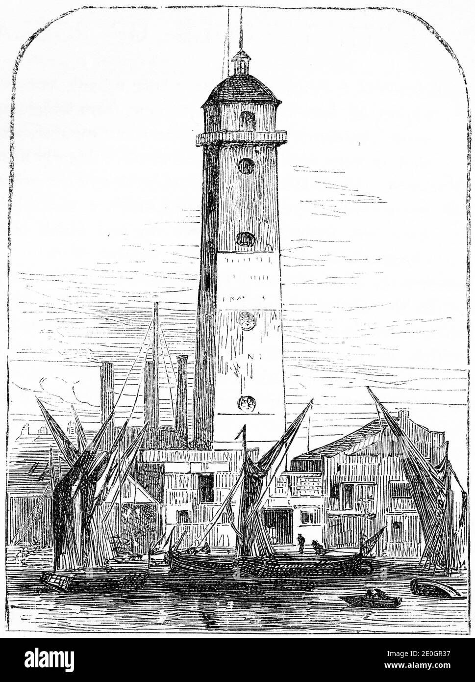 Engraving of the Shot Tower at the Lambeth Lead Works where a couple of old men made lead shot for shotgun cartridges by dropping molten lead from the top of the tower into a bucket of cold water at the bottom. The tower stood on the South Bank of the River Thames in London, England, between Waterloo Bridge and Hungerford Bridge, on the site of what is now the Queen Elizabeth Hall.   (See other images of work inside.) Stock Photo