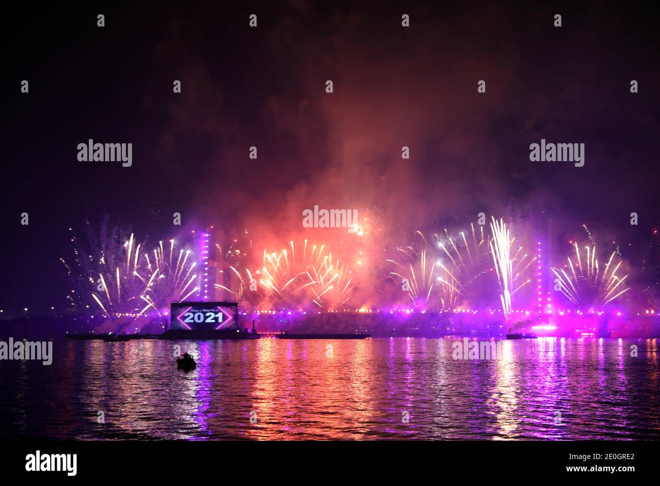 Cairo, Egypt. 1st Jan, 2021. Fireworks light up Tahya Misr Bridge