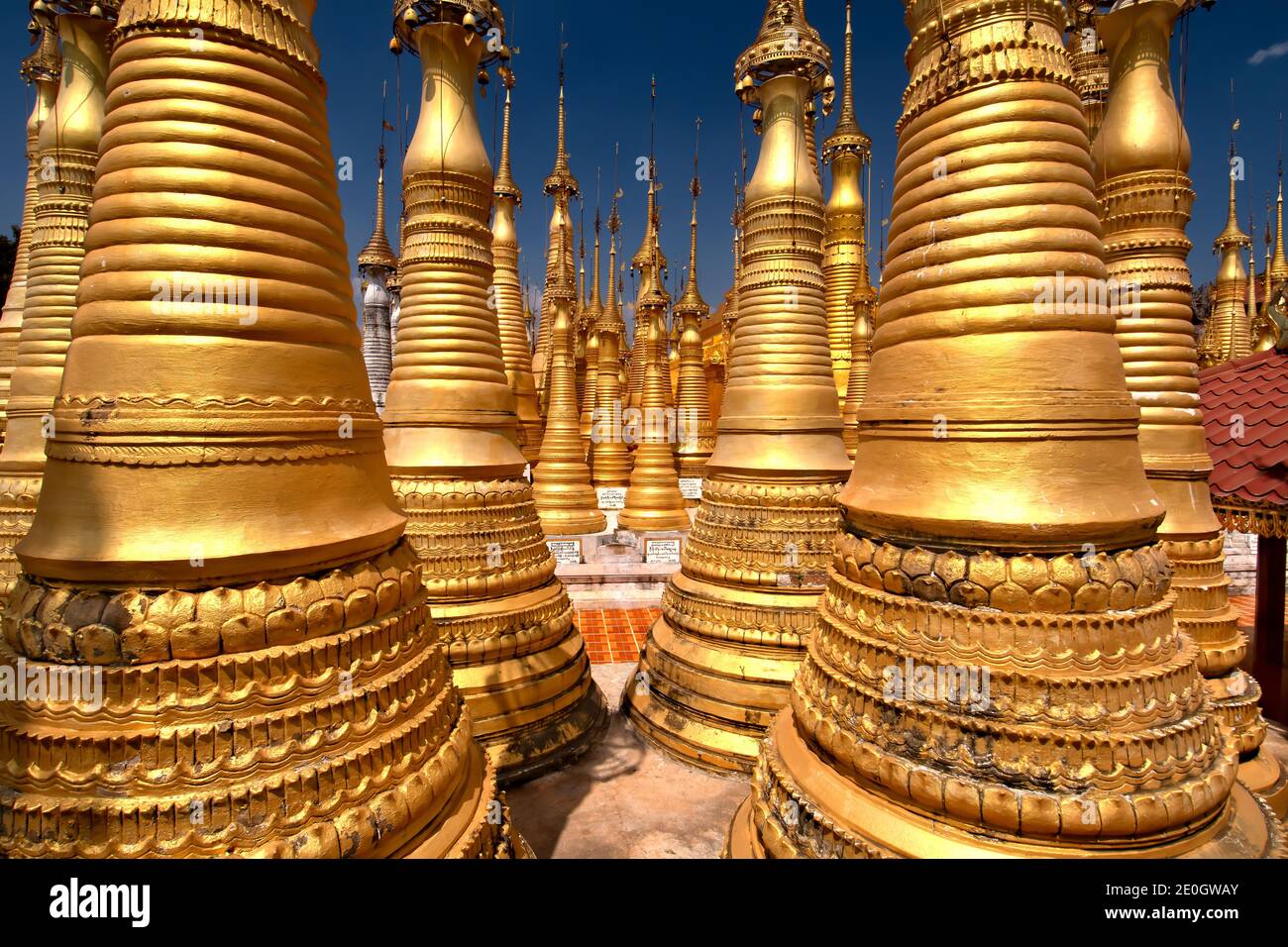 Shwe Indein Pagoda is a group of Buddhist pagodas in the village of Indein, near Ywama and Inle Lake, in Shan State in Myanmar (formerly Burma) Stock Photo
