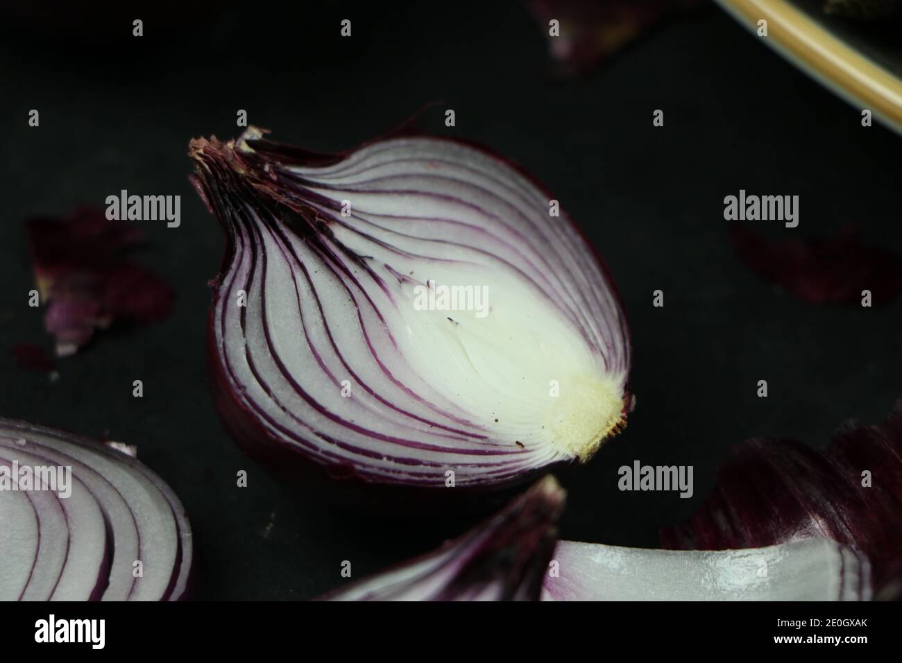 sweet red onions on background Stock Photo