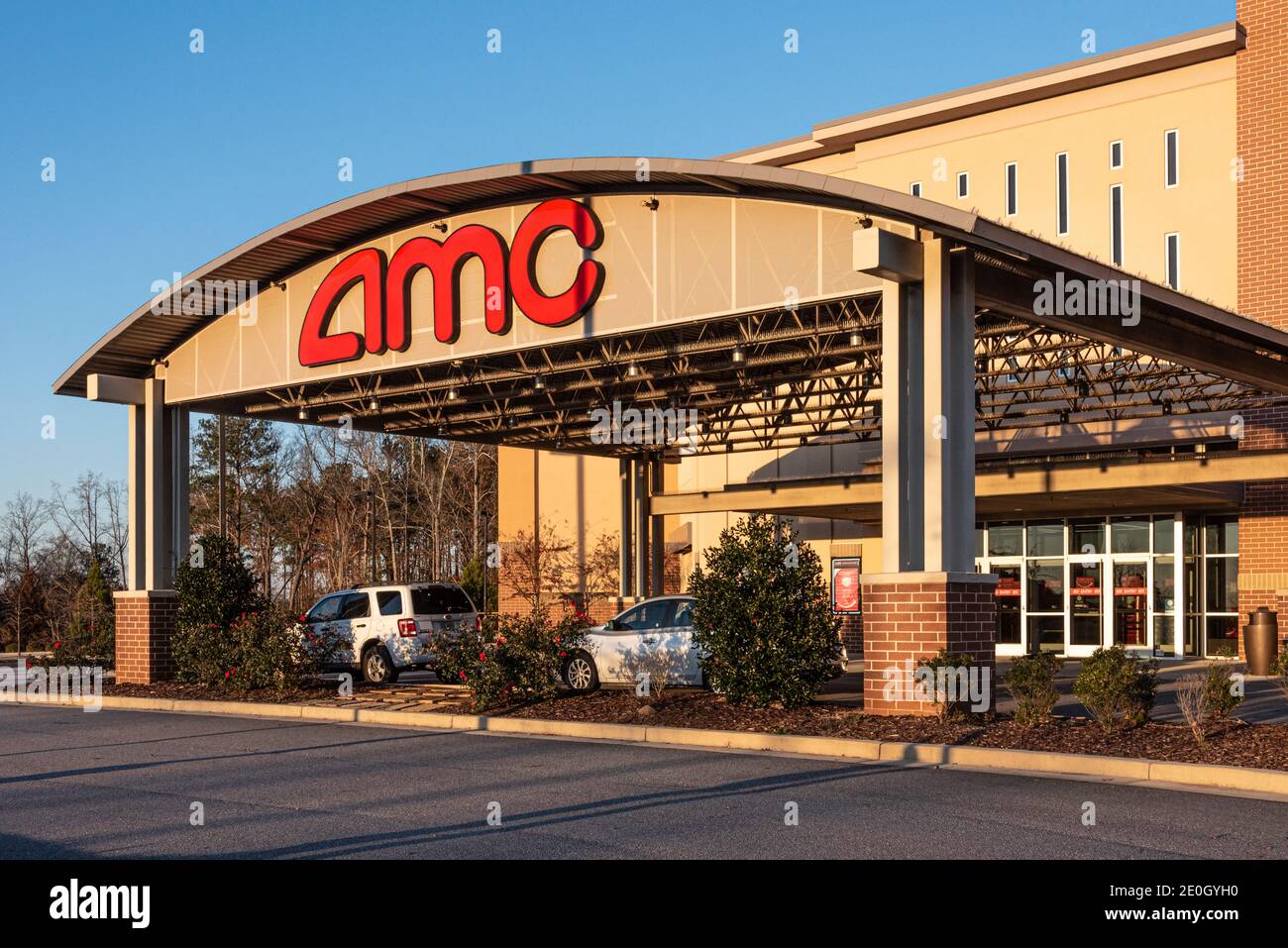 AMC Dine-In Webb Gin 11 movie theater in Metro Atlanta, GA operating at reduced capacity after temporary closure during the COVID-19 pandemic. (USA) Stock Photo