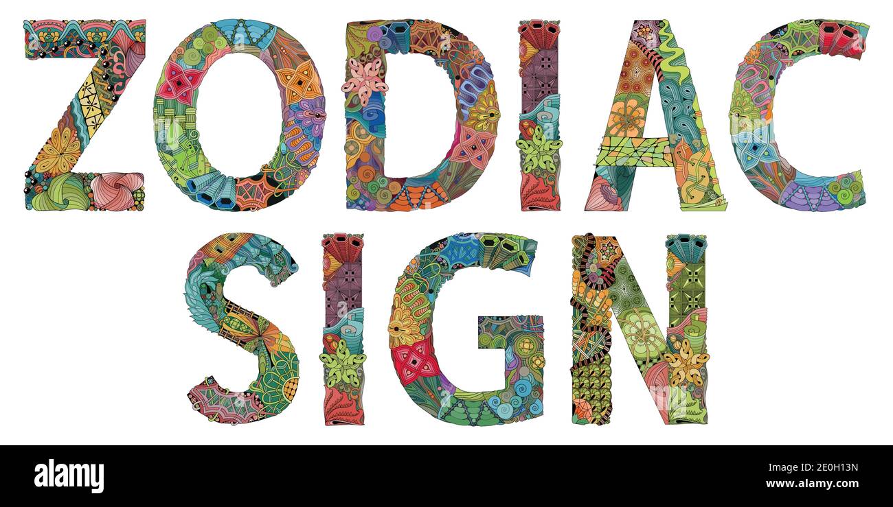 Handpainted art design. Hand drawn illustration words ZODIAC SIGN for