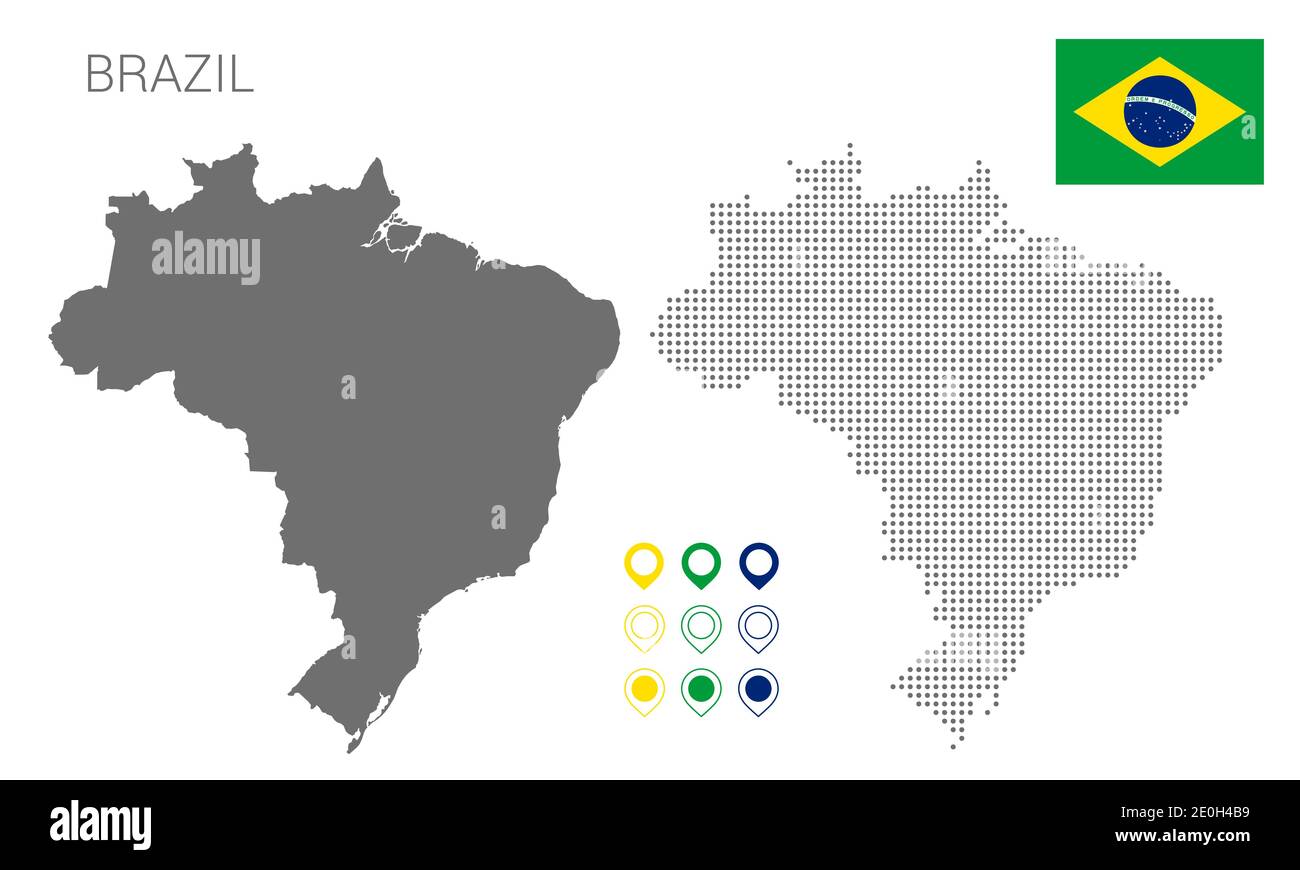 Map of Brazil silhouette, Brazil map dotted, Flag of Brazil, Vector illustration flat Stock Vector
