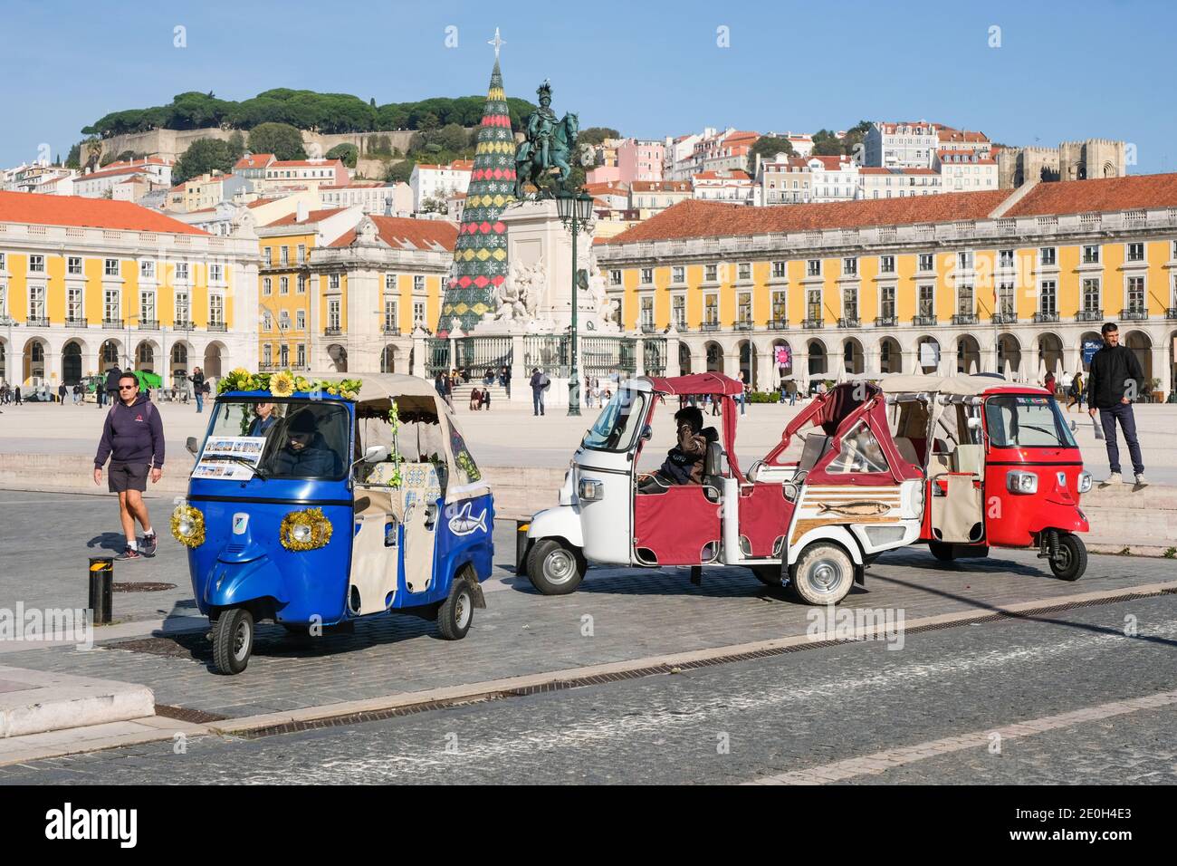 Electric Tuk Tuk's for hire, Praca do Comercio, Lisbon, Lisboa, Portugal Stock Photo