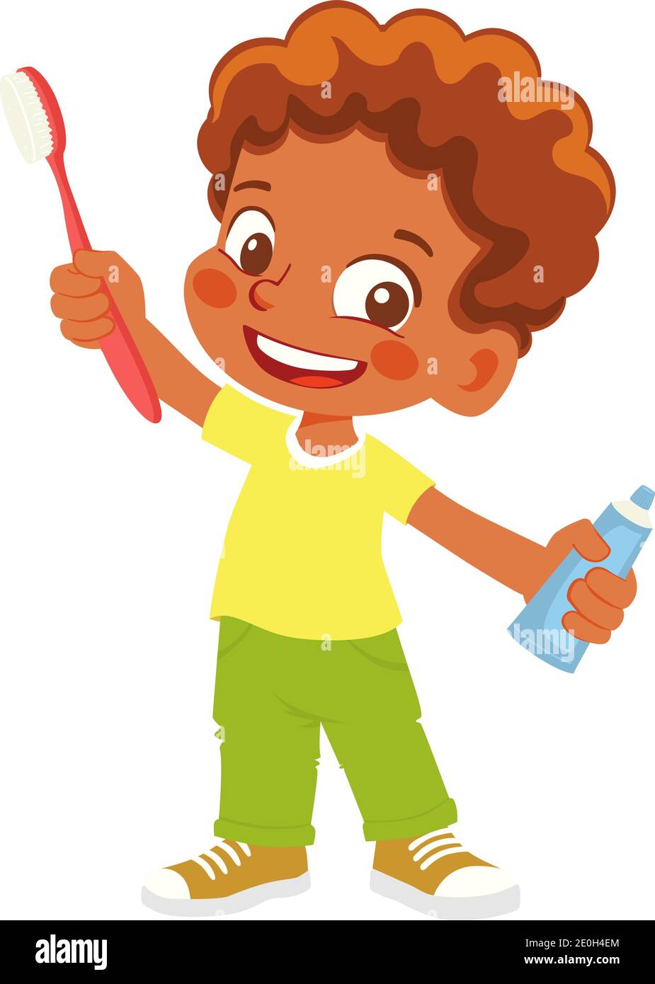 boy holding a toothbrush and toothpaste Stock Vector Image & Art - Alamy