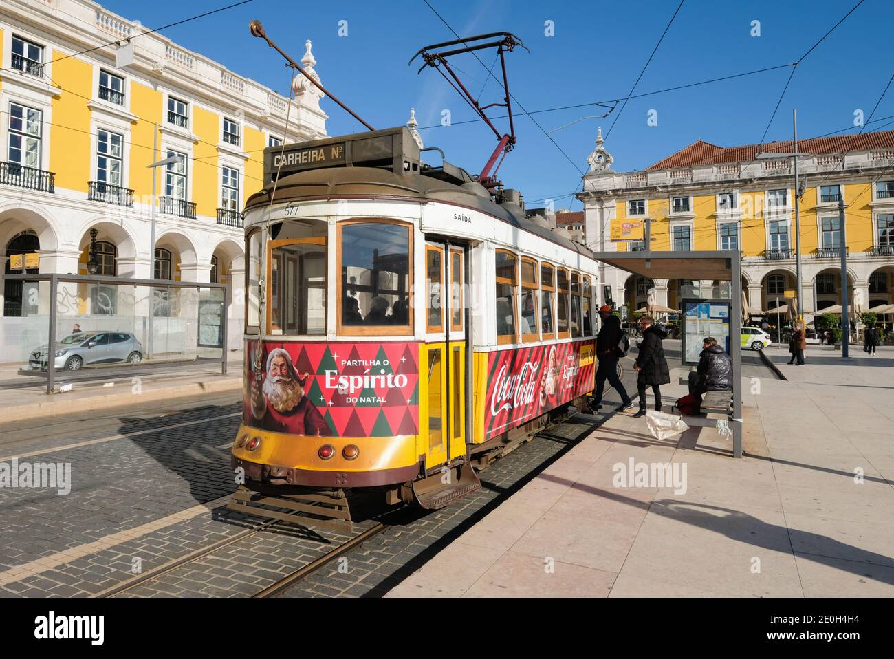 Traditional Lisbon tram (Eletrico) No. 25, Praca do Comercio, Lisbon, Lisboa, Portugal Stock Photo