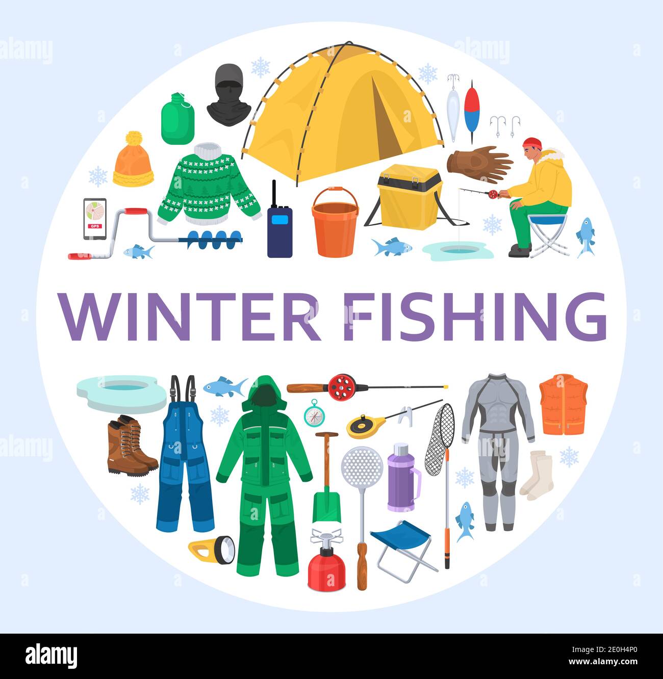 Winter fishing equipment circle composition, flat vector