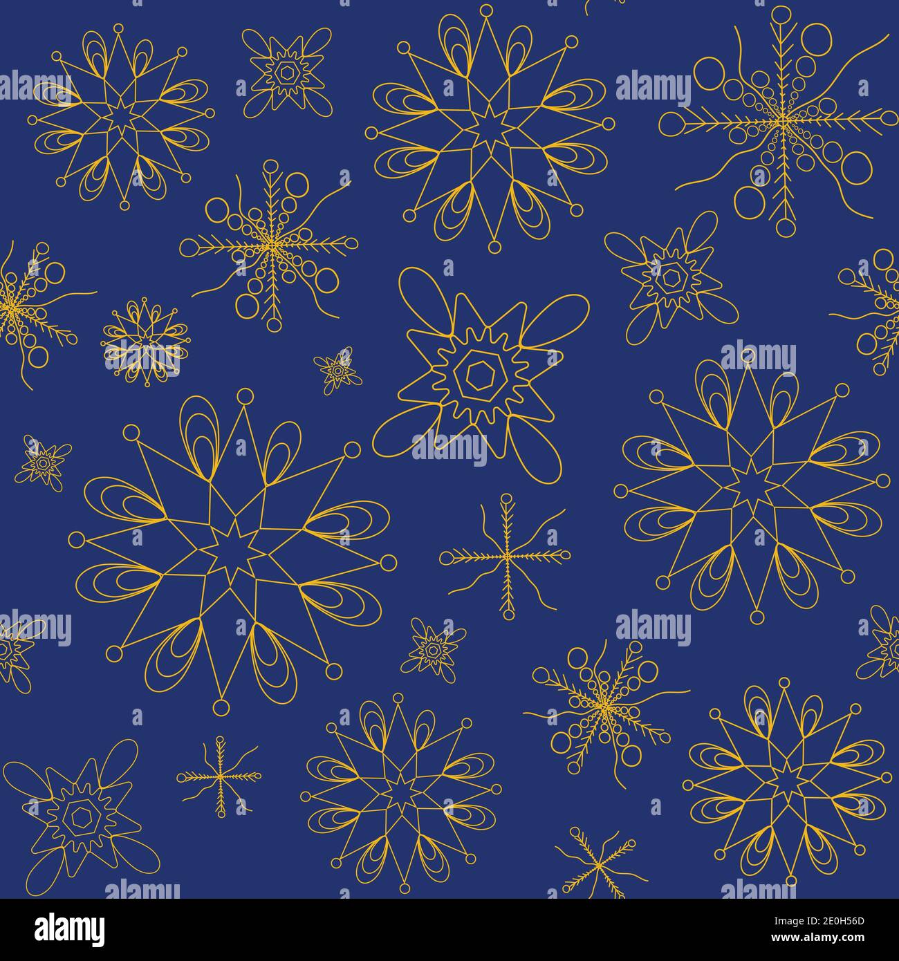Yellow snowflakes on dark midnight blue background seamless repeat pattern Stock Vector