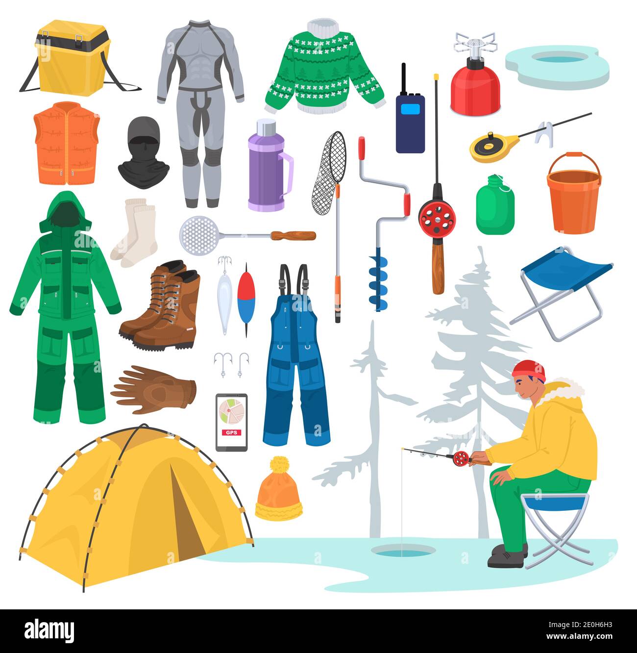 Ice fishing gear. Equipment for winter fishing, flat vector illustration.  Warm clothes, fisherman tackle and accessories Stock Vector Image & Art -  Alamy