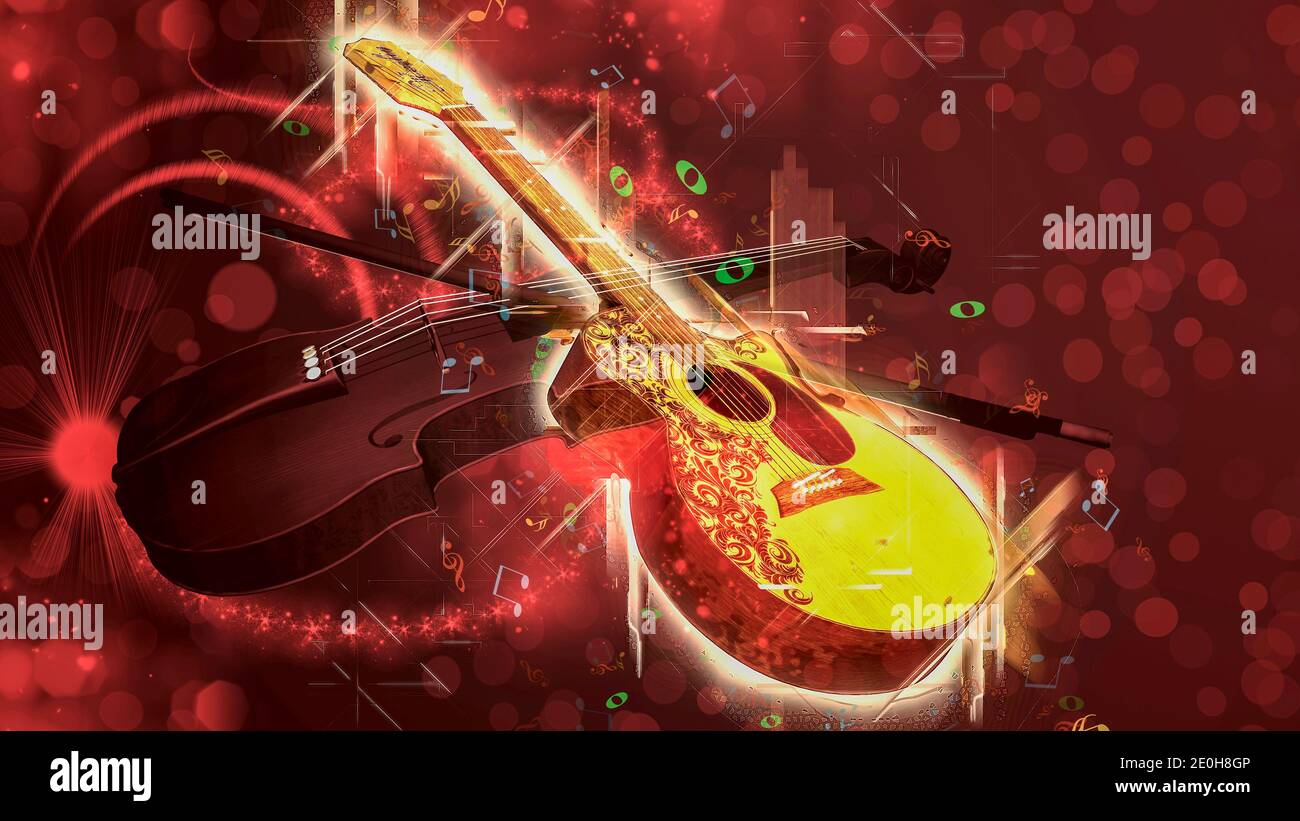 Acoustic classical guitar and violin on black background with music ...