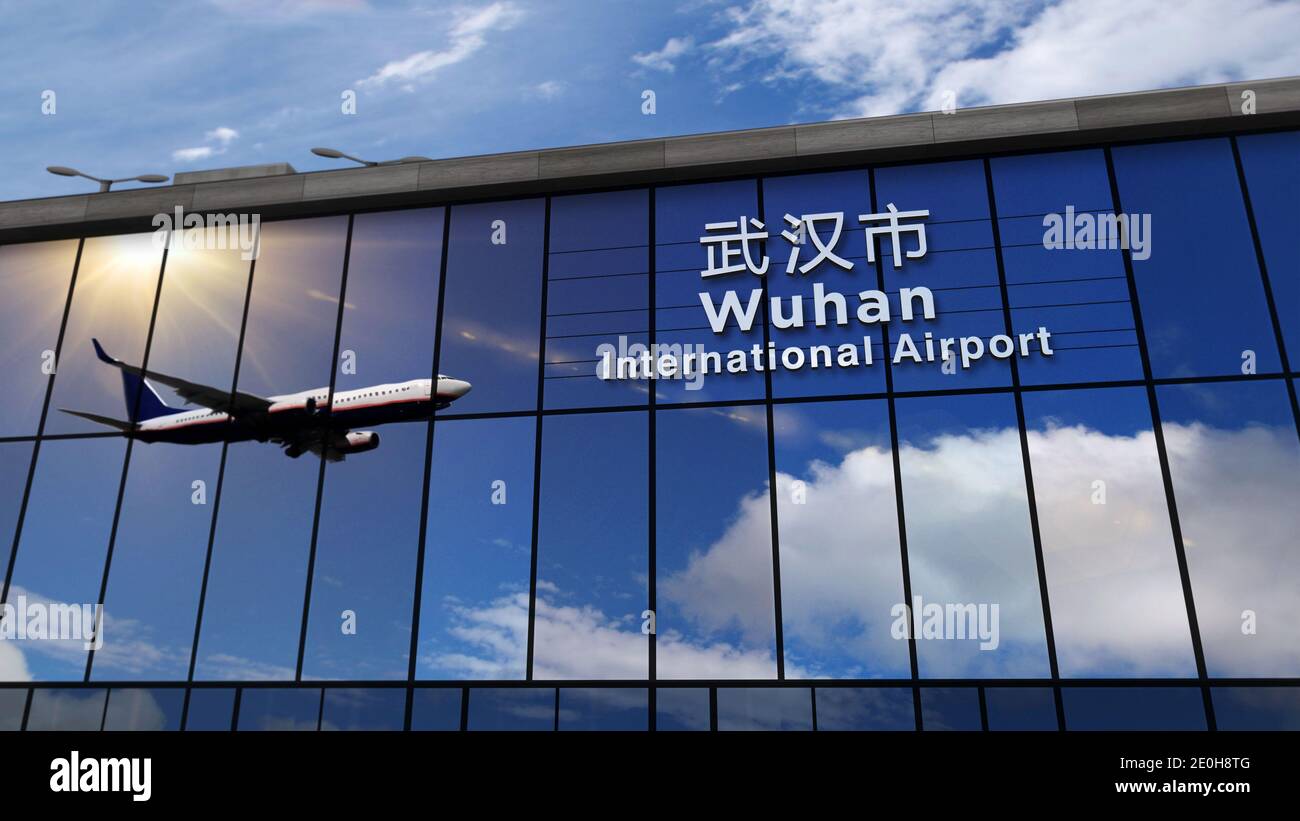Jet aircraft landing at Wuhan, China 3D rendering illustration. Arrival in the city with the glass airport terminal and reflection of the plane. Trave Stock Photo