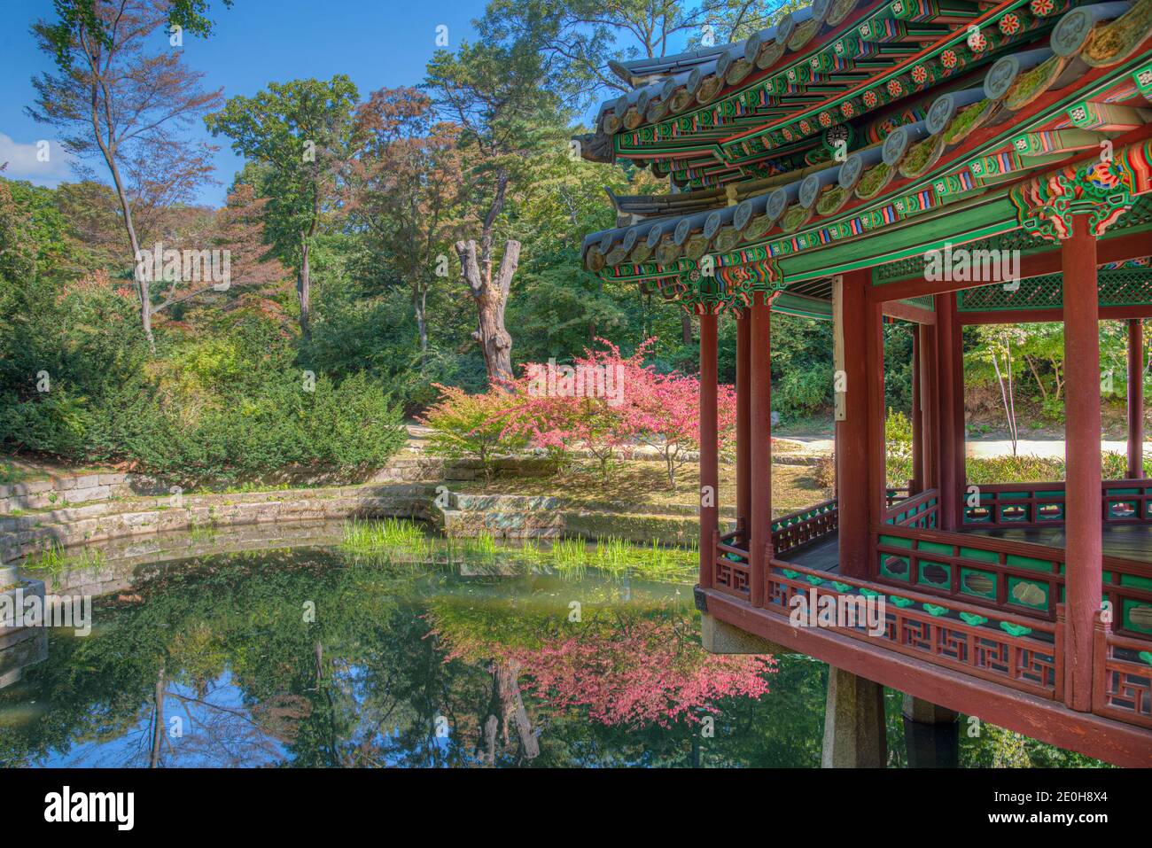 Wooden pavilion at Aeryeonji pond inside secret garden of Changdeokgung palace in Seoul, Republic of Korea Stock Photo