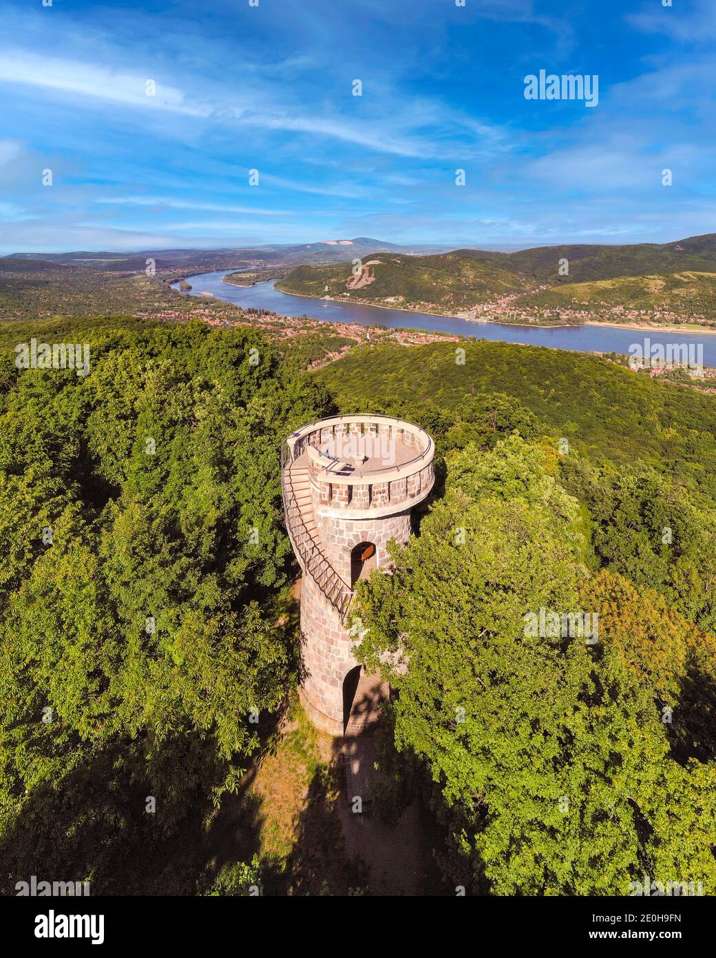 Julianus lookout tower in Danube bend Hungary. Near by Nagymaros city. Fantastic view all of Visegrad mountain. This viewpoin built in 1939. It was bu Stock Photo