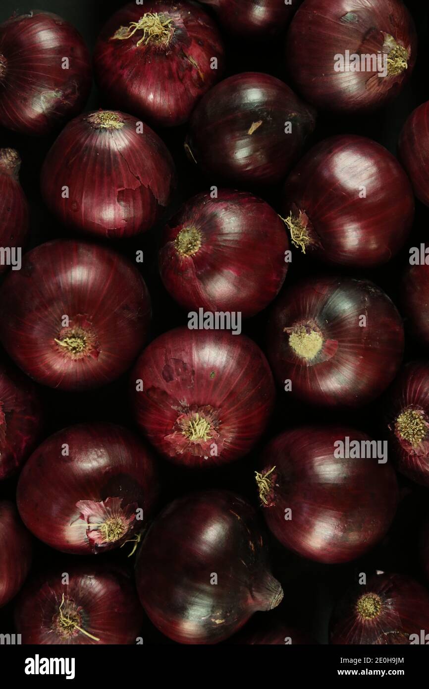 sweet red onions on background Stock Photo
