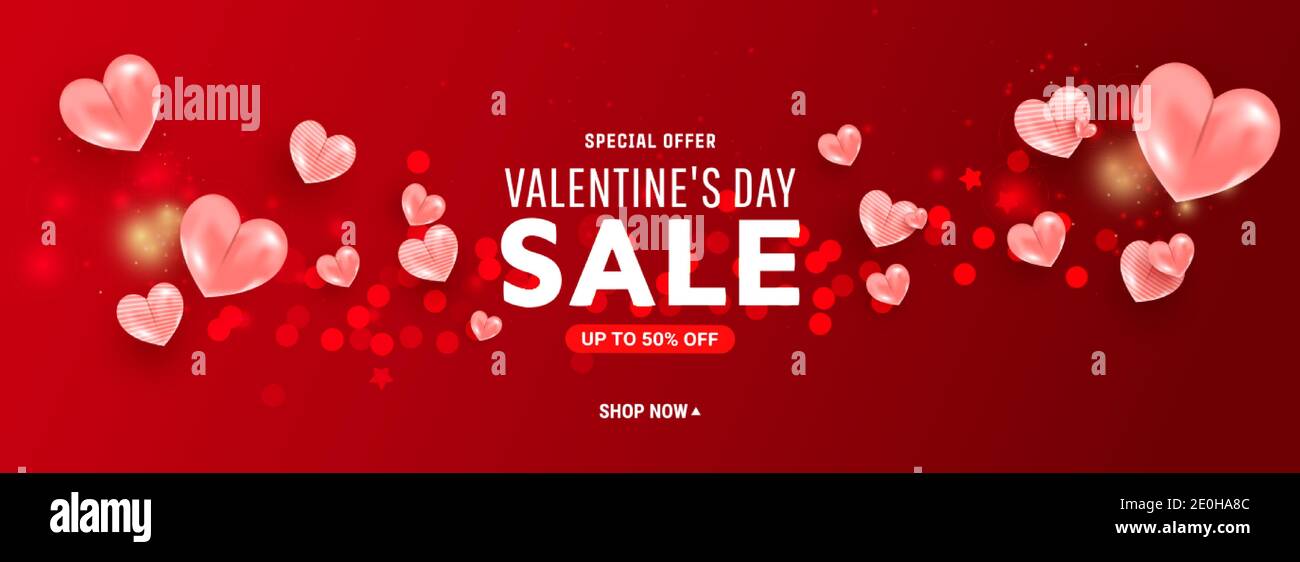 Valentine day sale template banner with air 3d ballon heart shapes on ...