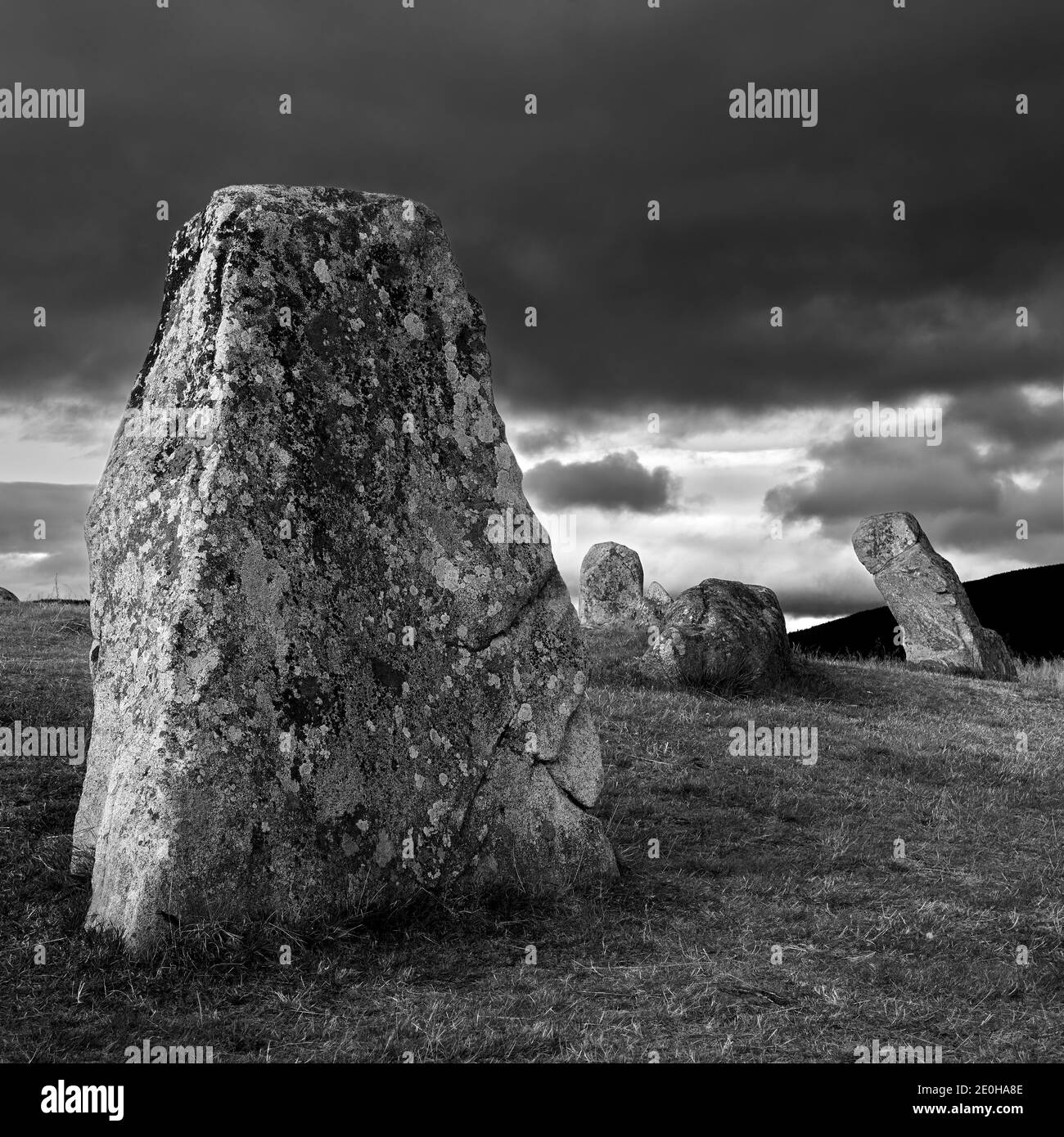 Tomnaverie Recumbent Stone Circle, Tarland, Aberdeenshire, Scotland.  Black and White Stock Photo