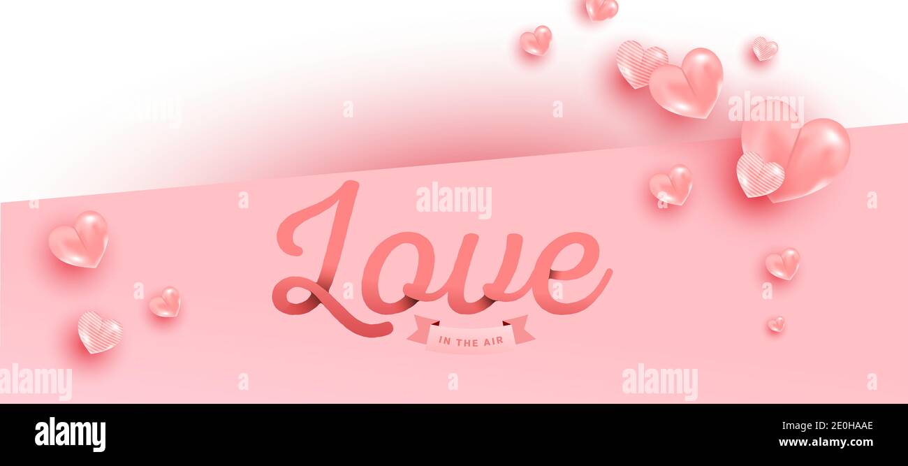 Love text in paper style with realistic air heart shaped balloons ...