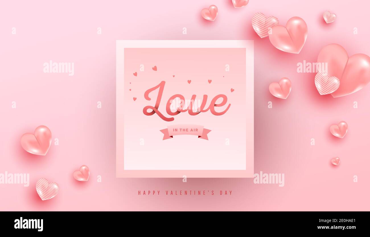 Love text in paper style with realistic air heart shaped balloons ...