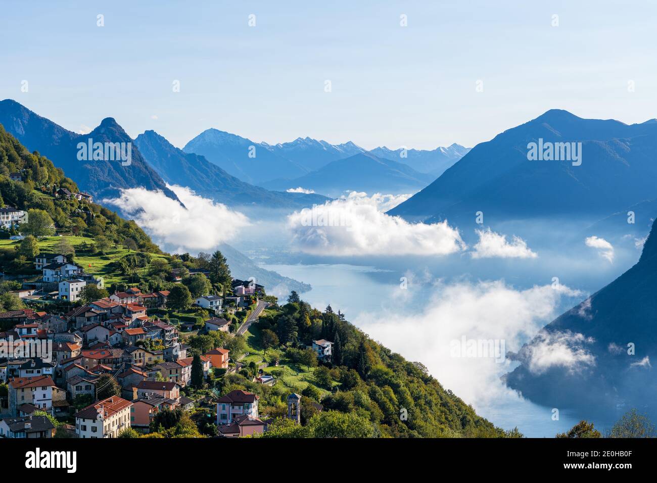 Village Bre (Switzerland) over the Lake Lugano in the Swiss Alps Stock Photo