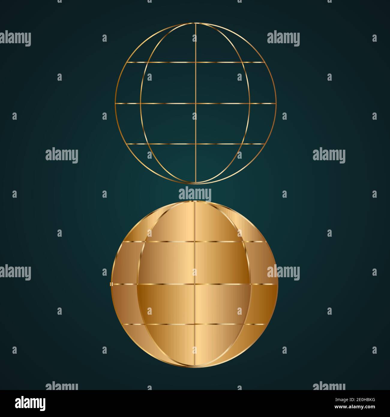 Globe round vector icon. Gradient gold metal with dark background Stock Vector