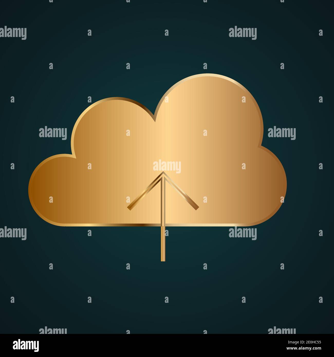 Upload on cloud vector icon. Gradient gold metal with dark background Stock Vector