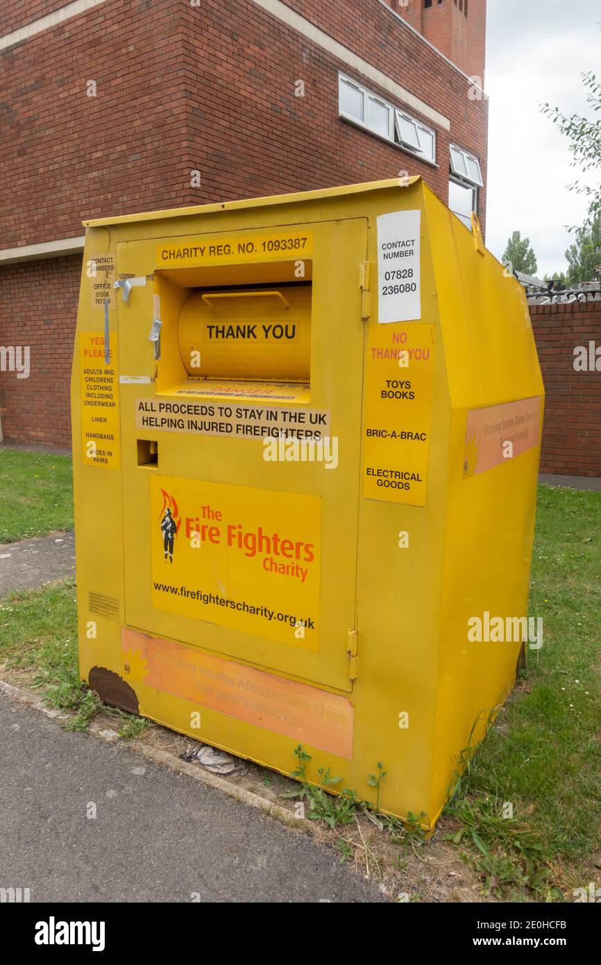 'The Firefighters Charity' in Maidenhead, toys, bric-a-brac and electrical goods collection bin Berkshire, UK. Stock Photo