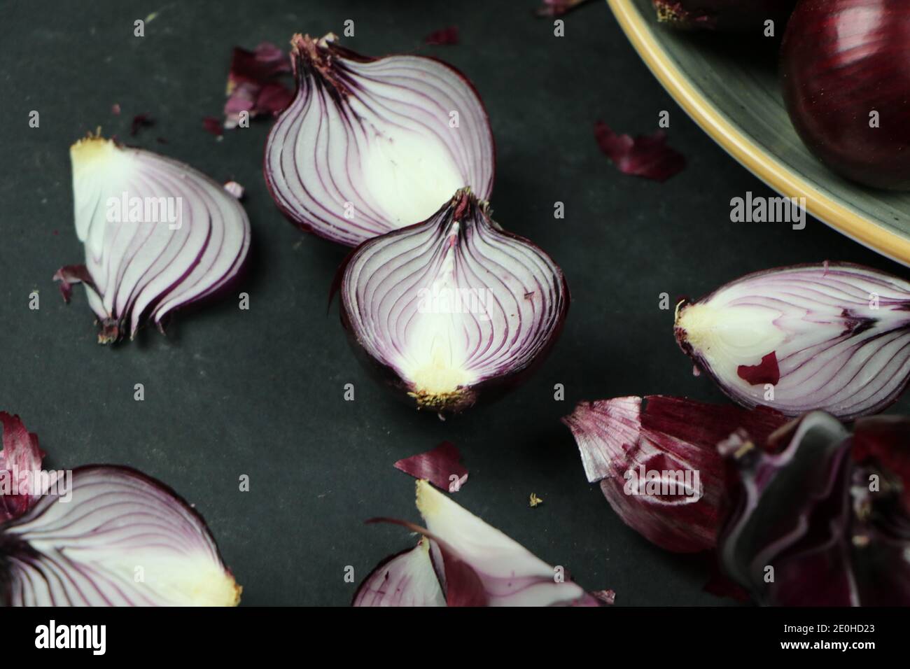 sweet red onions on background Stock Photo