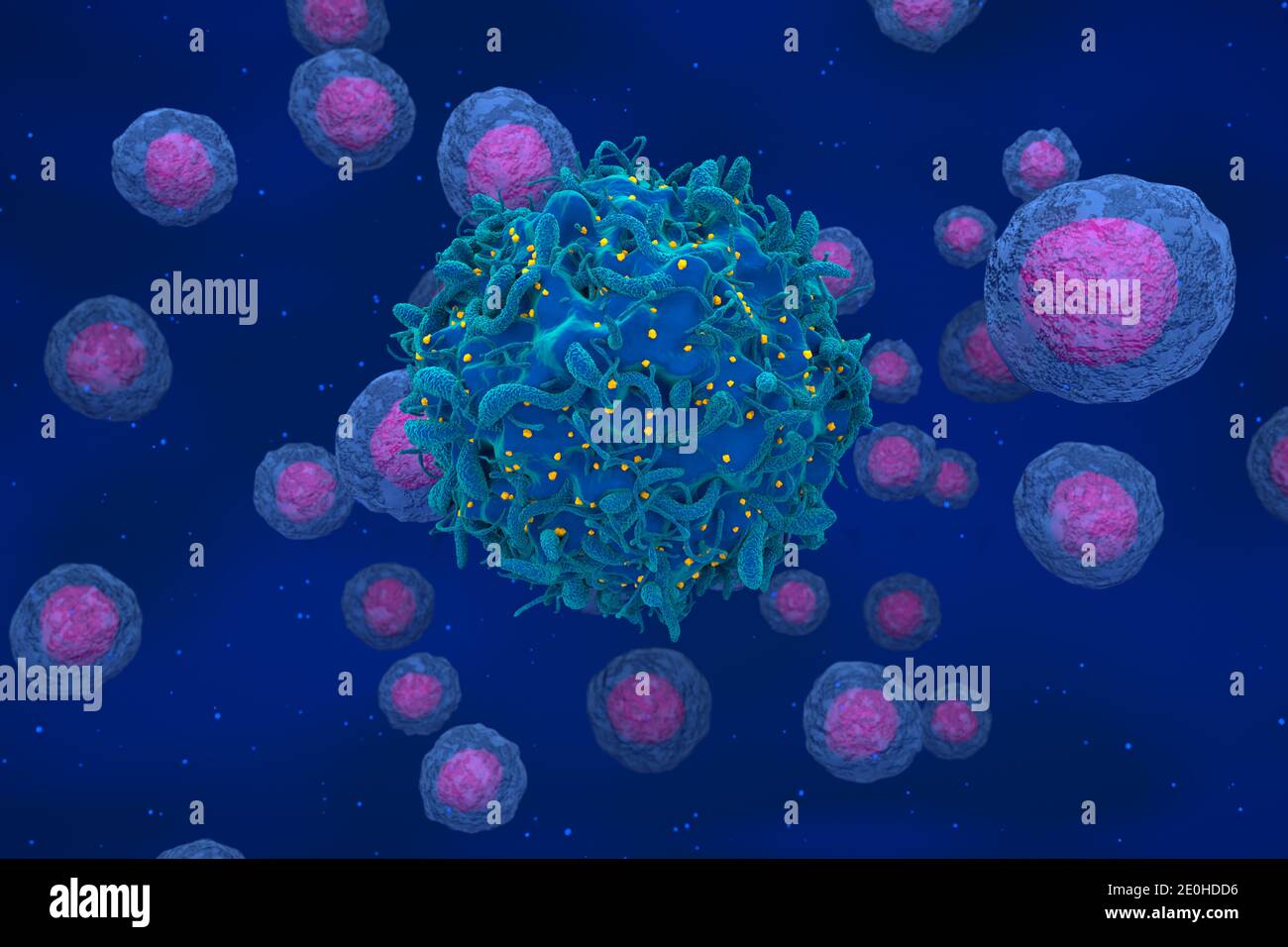 Hiv Virus Attack And Infected T-cell With Regular Cells 3d Render ...