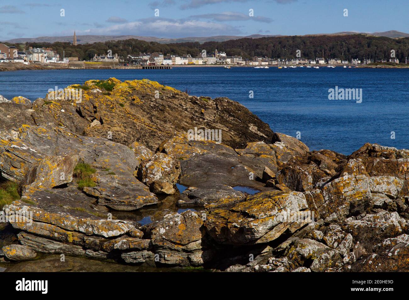 A view of a colourful, lichen covered, intertidal rock at Millport, Isle of Cumbrae, Scotland Stock Photo