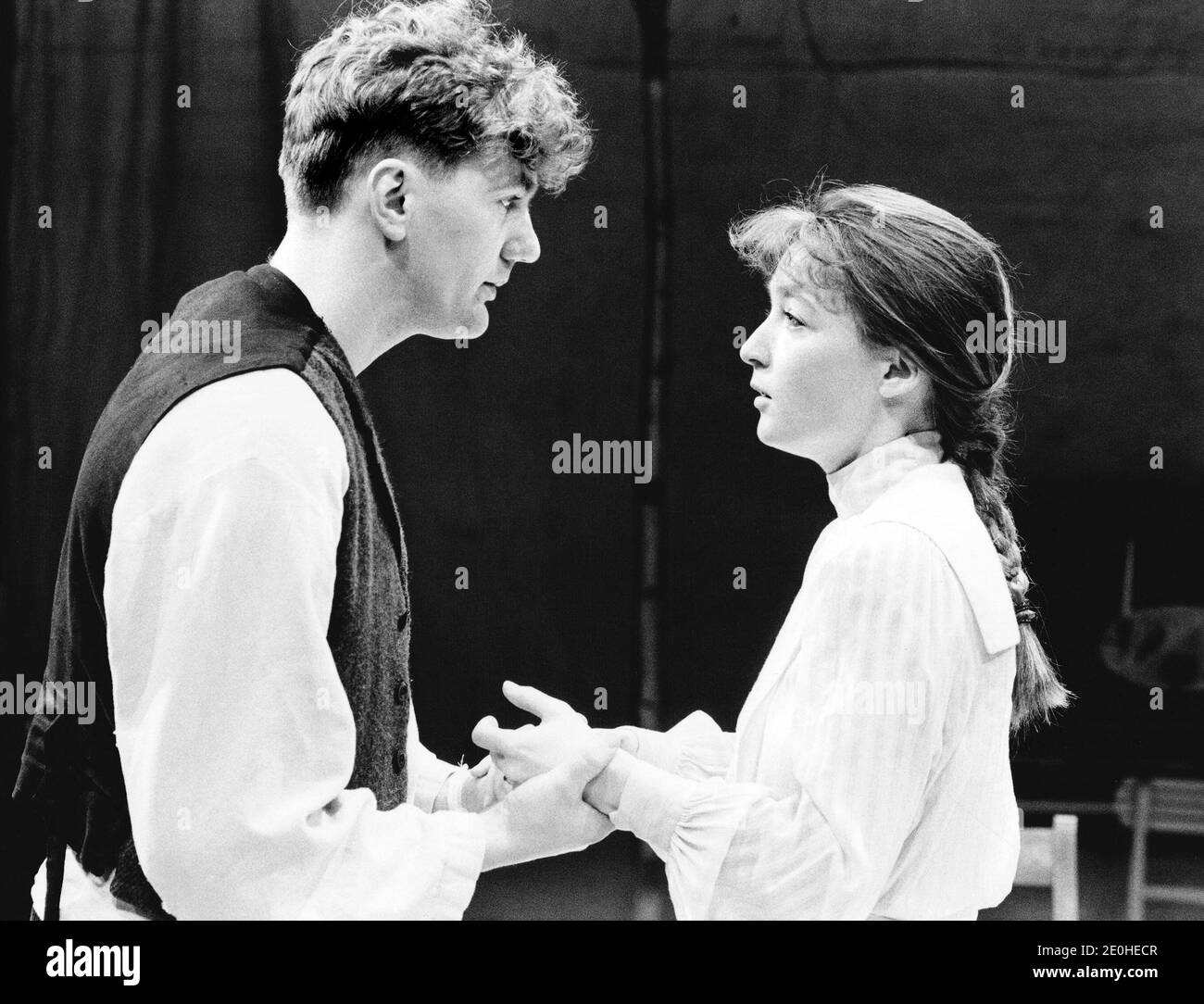 Tom Mannion (Nil Vasilyevich), Lesley Manville (Polya) in PHILISTINES by Maxim Gorky at the Royal Shakespeare Company (RSC), The Other Place, Stratford-upon-Avon 04/04/1985  in a new version by Dusty Hughes design: Tom Cairns lighting: Wayne Dowdeswell director: John Caird Stock Photo