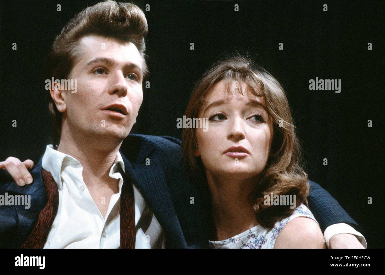 Gary Oldman (Scopey), Lesley Manville (Pat)  in THE POPE'S WEDDING  by Edward Bond at the Royal Court Theatre, London SW1   27/11/1984  set design: Peter Hartwell  costumes: Jennifer Cook  lighting: Andy Phillips  director: Max Stafford-Clark Stock Photo