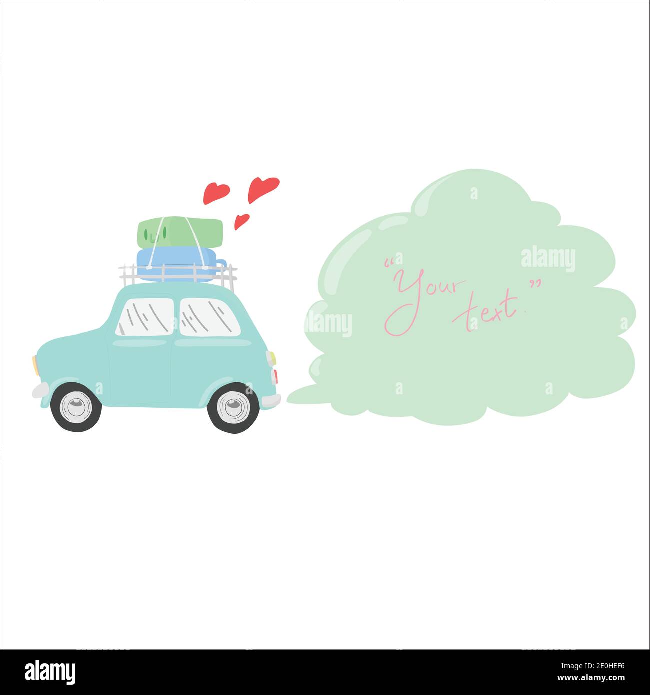green car with roof luggage and three red hearts and copy space in smoke vector illustration isolated on white background Stock Vector