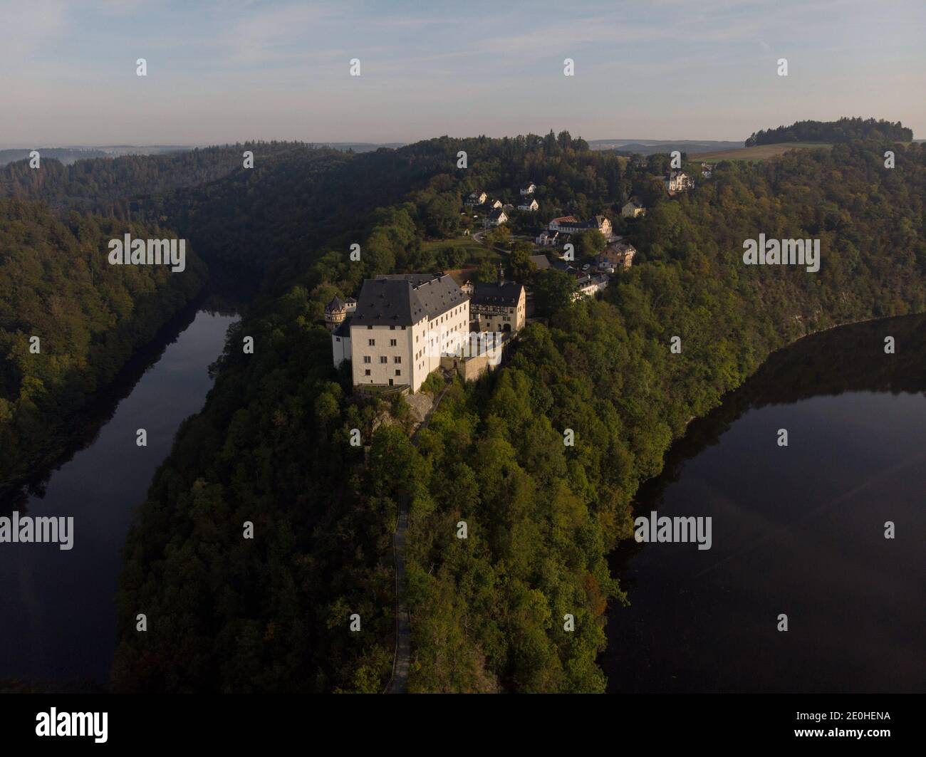 Panoramic view of Schloss Burgk castle and river Saale Thuringian Highlands Slate Mountains in Saale-Orla-Kreis Thuringia Germany Stock Photo