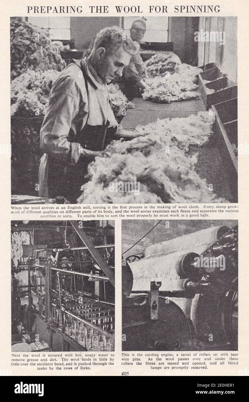 Vintage photos of the manufacturing of wool 1900s - Preparing the wool for spinning. Stock Photo