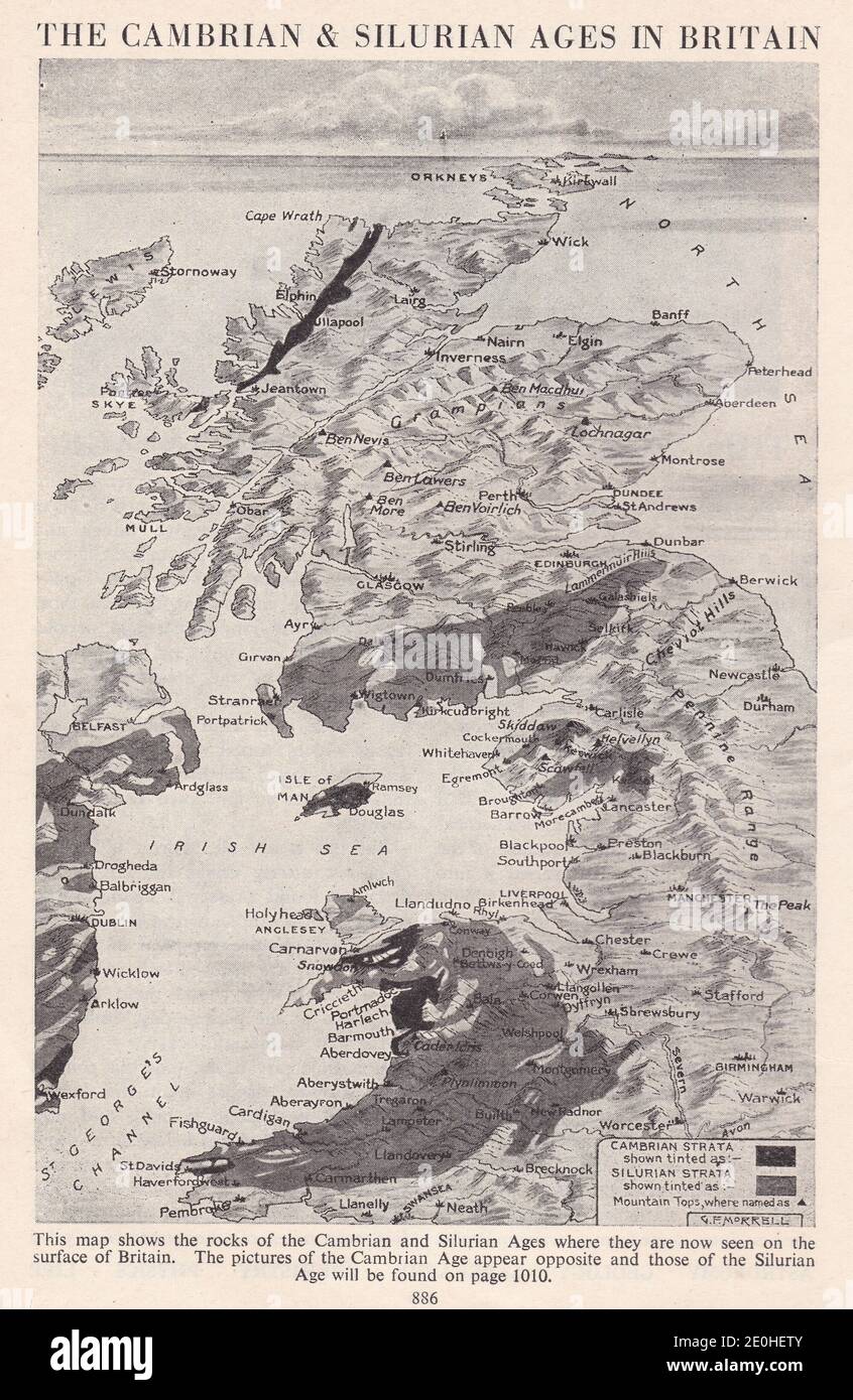 The Cambrian & Silurian Ages in Britain - Vintage map of the rocks where they are now seen on the surface of Britain. Stock Photo