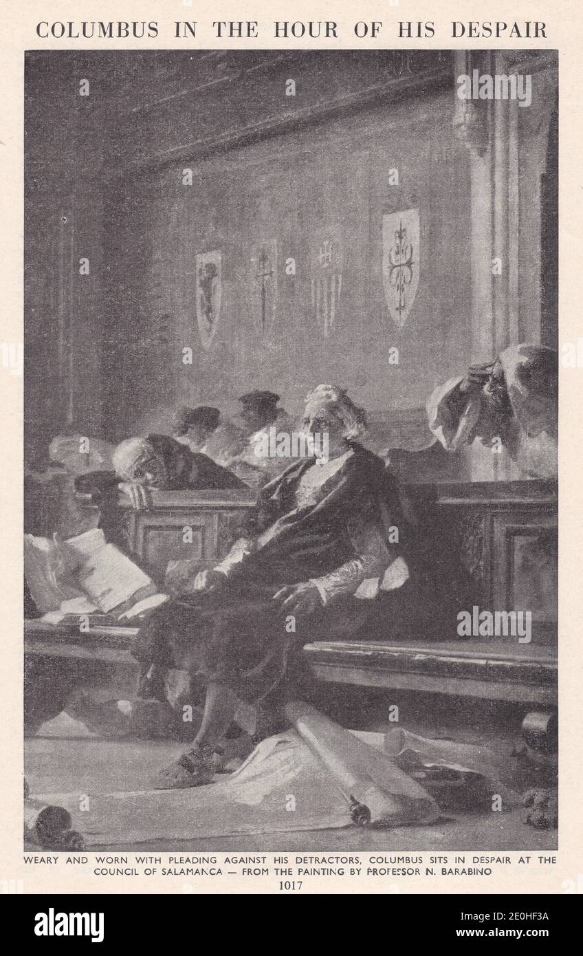 Columbus in the hour of his despair - Columbus sits in despair at the Council of Salamanca.  From the painting by Professor N. Barabino. Stock Photo