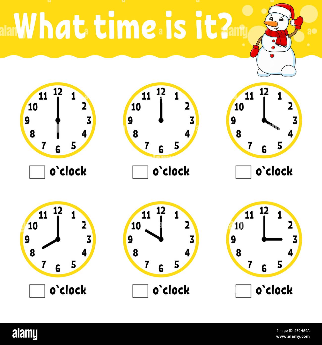 learning time on the clock winter theme educational activity worksheet for kids and toddlers game for children simple flat isolated color vector i stock vector image art alamy