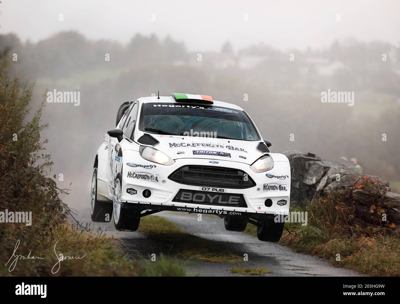 Declan Boyle and James O'Reilly in their Ford Fiesta WRC on the opening ...