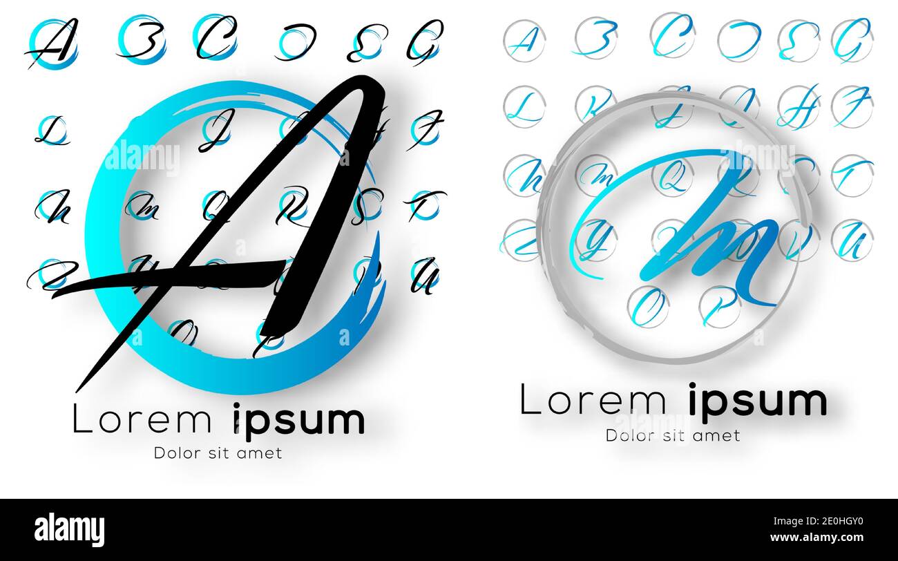 a collection of handwritten logos on a circular brush background ...