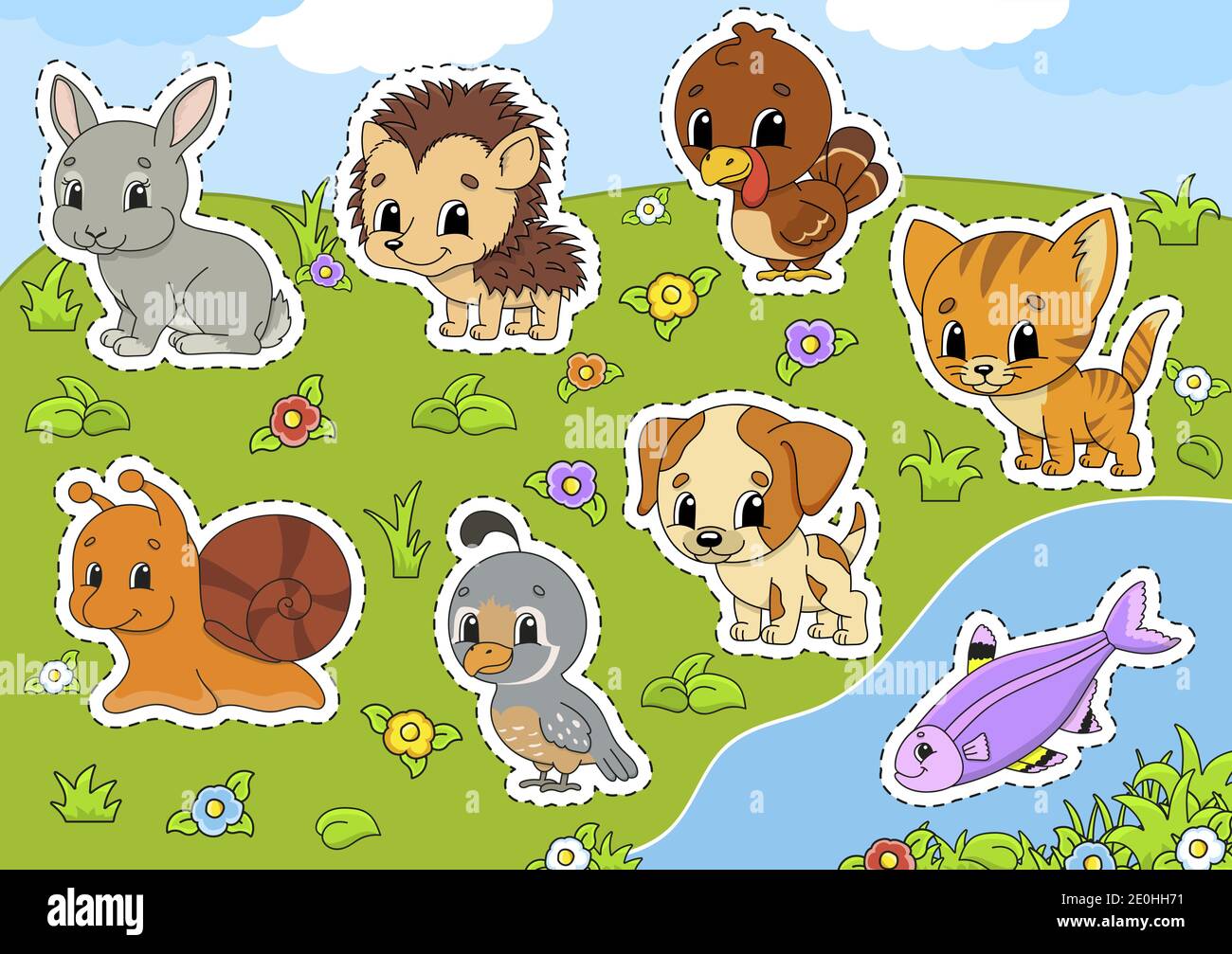 Set animals. Cute cartoon characters. Pet clipart. Hand drawn. Colorful  pack. Vector illustration. Patch badges collection. Label design elements.  For Stock Vector Image & Art - Alamy