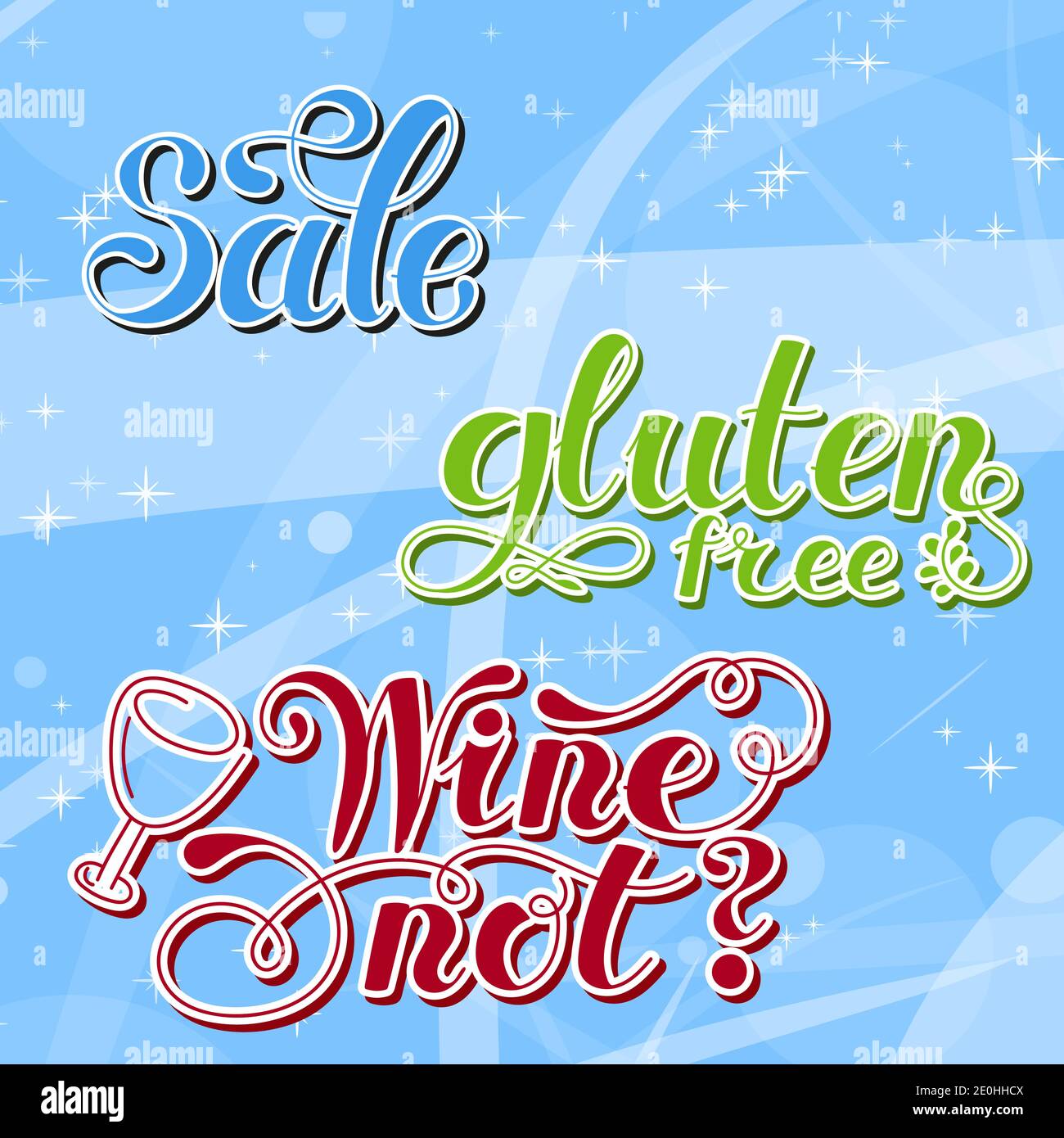 Set Lettering words. Gluten free, sale, wine not. Hand drawn. Vector
