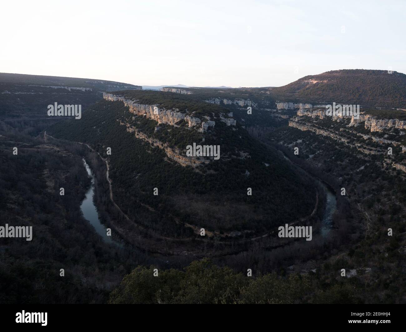 Aerial panorama of horsehoe bend canyon Canion Canon del Ebro river valley between Valdelateja and Cortiguera Burgos Province Castile and Leon Spain Stock Photo